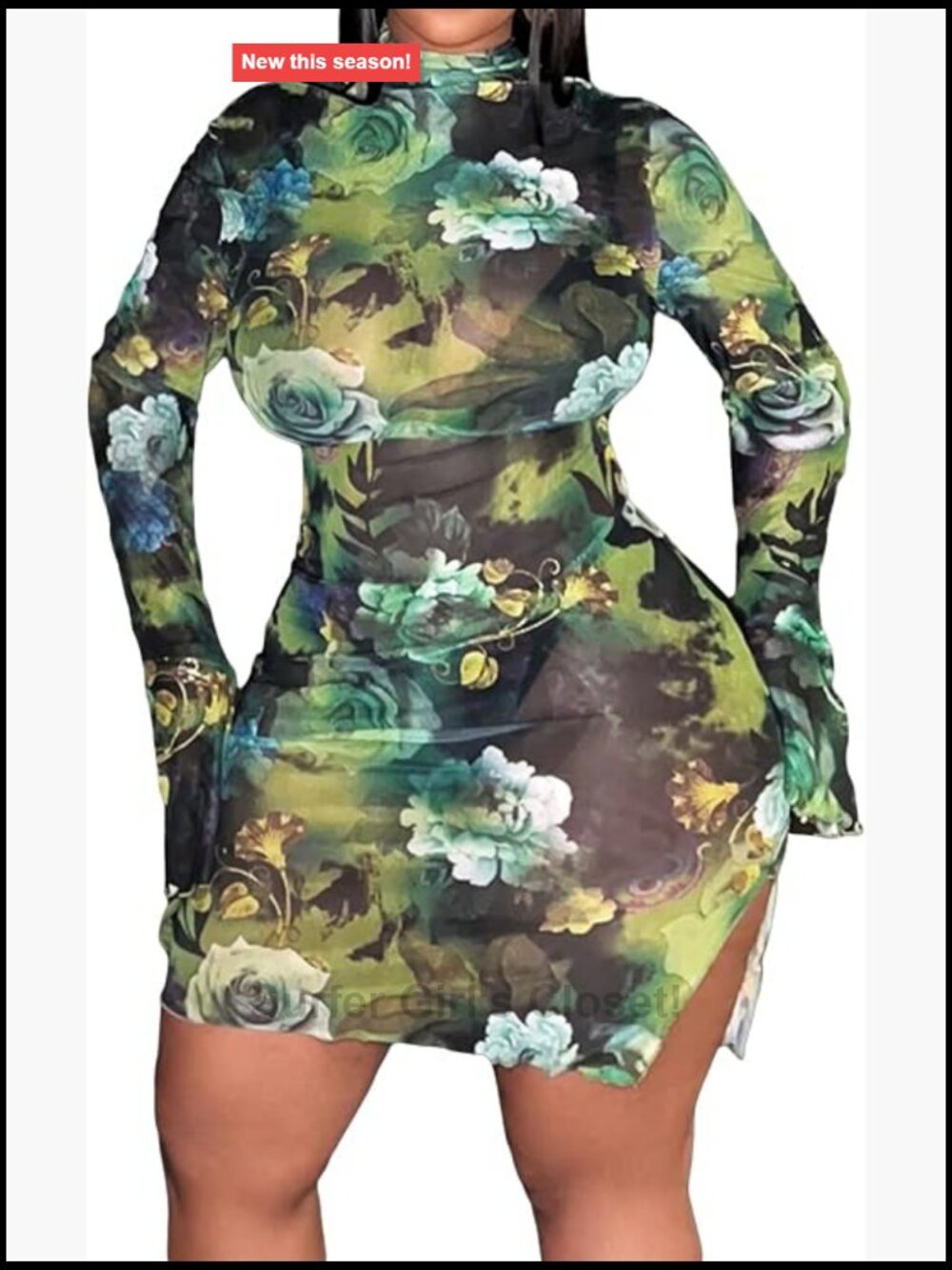Plus Size Floral Mesh Long Sleeve Bodycon Mini Dress Mock Neck Bell Sleeve Club